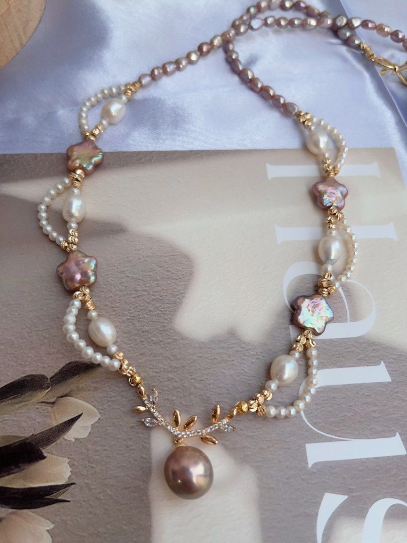 #PN884 Freshwater Pearl Necklace | Baby Pearl Laces| Purple Stars 🌟 | Avocado Pendant | Lustrous | 50cm Long| Fairy Tail Heroine | Love Gift 💝