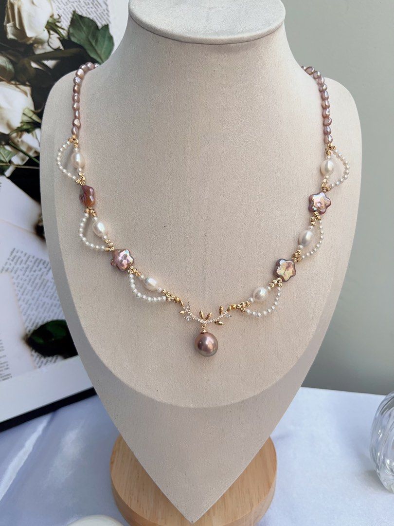 #PN884 Freshwater Pearl Necklace | Baby Pearl Laces| Purple Stars 🌟 | Avocado Pendant | Lustrous | 50cm Long| Fairy Tail Heroine | Love Gift 💝