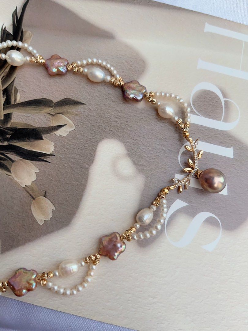 #PN884 Freshwater Pearl Necklace | Baby Pearl Laces| Purple Stars 🌟 | Avocado Pendant | Lustrous | 50cm Long| Fairy Tail Heroine | Love Gift 💝