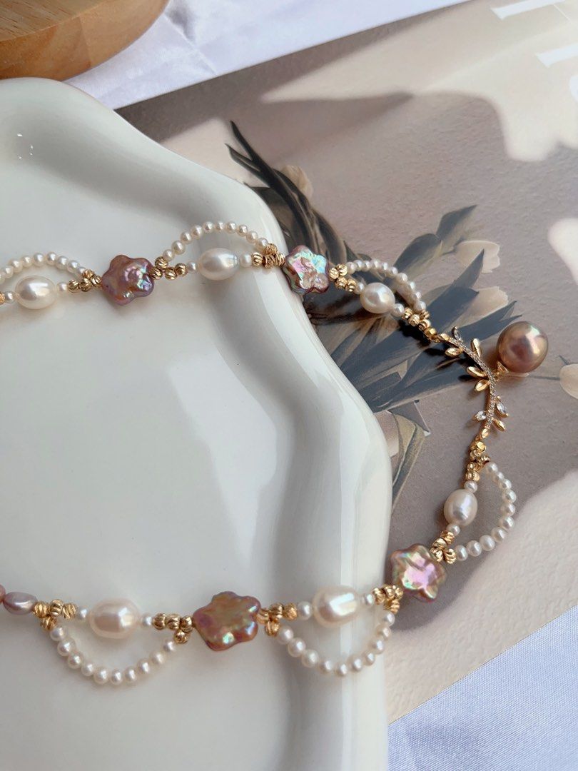 #PN884 Freshwater Pearl Necklace | Baby Pearl Laces| Purple Stars 🌟 | Avocado Pendant | Lustrous | 50cm Long| Fairy Tail Heroine | Love Gift 💝