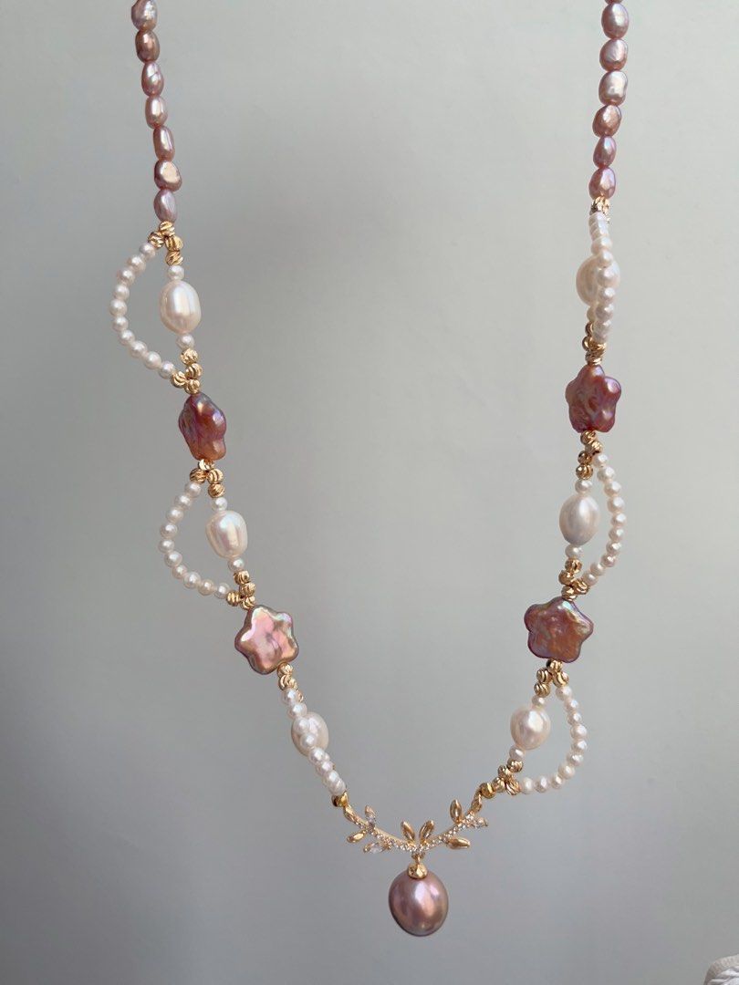 #PN884 Freshwater Pearl Necklace | Baby Pearl Laces| Purple Stars 🌟 | Avocado Pendant | Lustrous | 50cm Long| Fairy Tail Heroine | Love Gift 💝