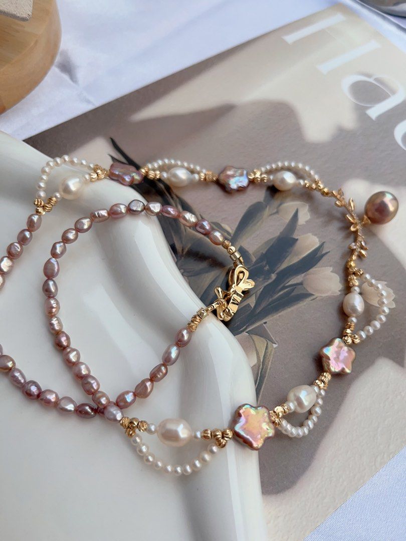 #PN884 Freshwater Pearl Necklace | Baby Pearl Laces| Purple Stars 🌟 | Avocado Pendant | Lustrous | 50cm Long| Fairy Tail Heroine | Love Gift 💝