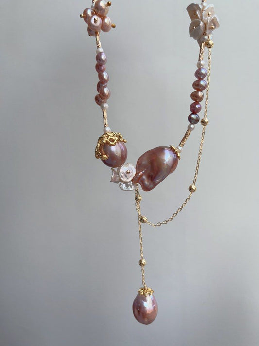 #PN885 [Floral Series] Freshwater Pearl Necklace | Dangling Design | Fishtail Baroque | Wheat Ear Structure | Original Design | Avocado Lustre | A Statement of Pure Grace| Perfect for Gift 💝