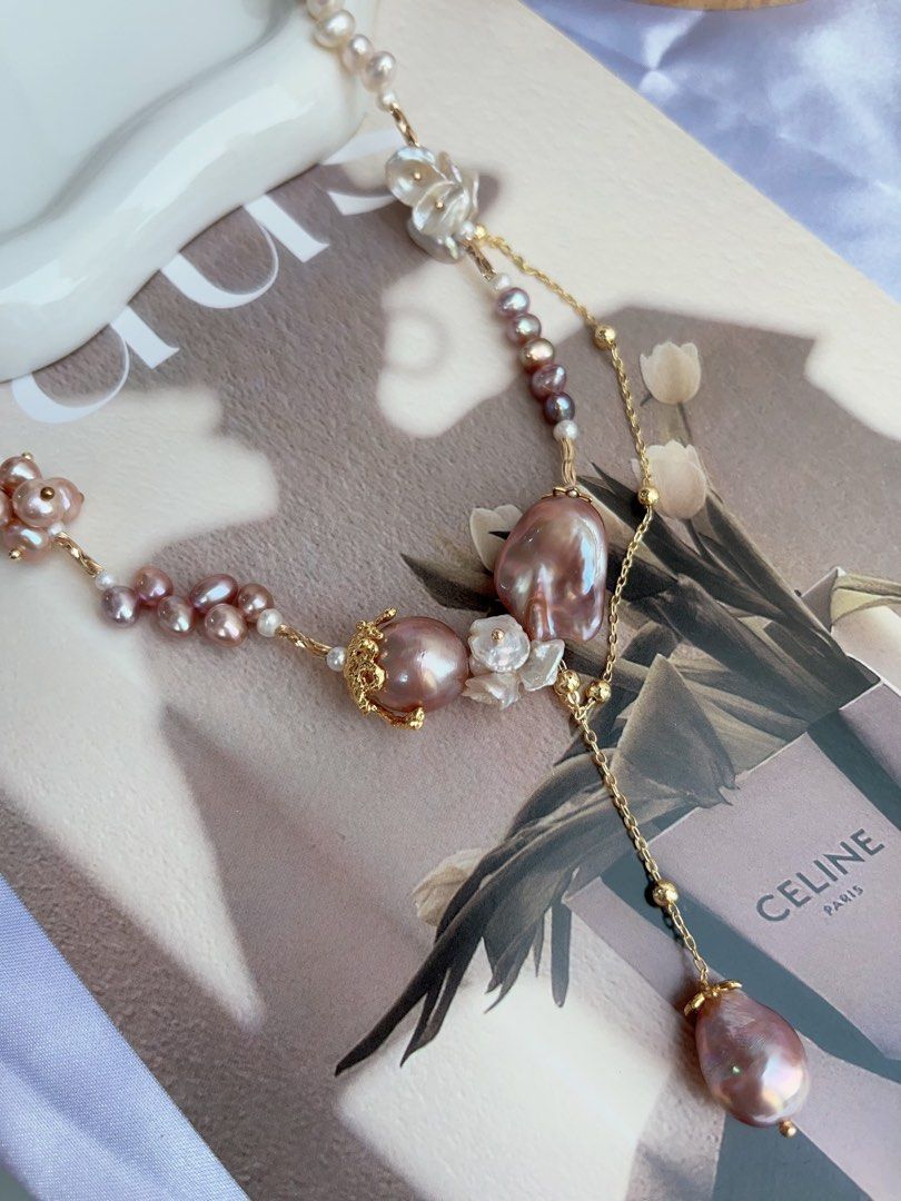 #PN885 [Floral Series] Freshwater Pearl Necklace | Dangling Design | Fishtail Baroque | Wheat Ear Structure | Original Design | Avocado Lustre | A Statement of Pure Grace| Perfect for Gift 💝