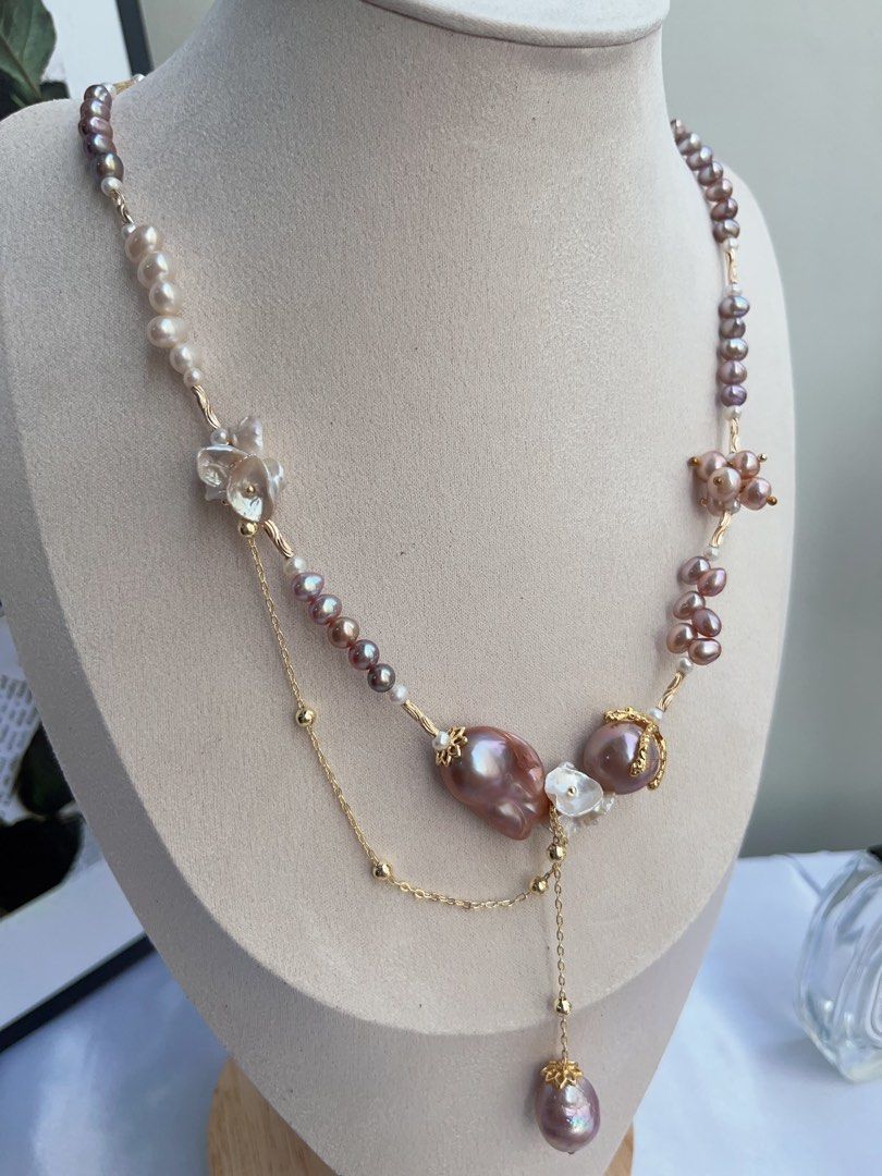 #PN885 [Floral Series] Freshwater Pearl Necklace | Dangling Design | Fishtail Baroque | Wheat Ear Structure | Original Design | Avocado Lustre | A Statement of Pure Grace| Perfect for Gift 💝