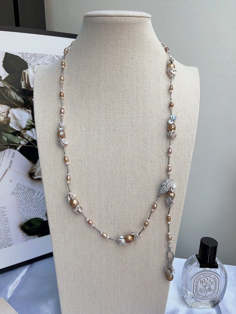 #PN886 [Floral Series] Freshwater Pearl Necklace | 74cm Long Sweater Necklace | Golden-green Baroque | Lustrous | Petals| Detachable Floral Pendant | Different Way of Wearing | Timeless Elegance in Every Pearl| Anniversary Gift 🎁