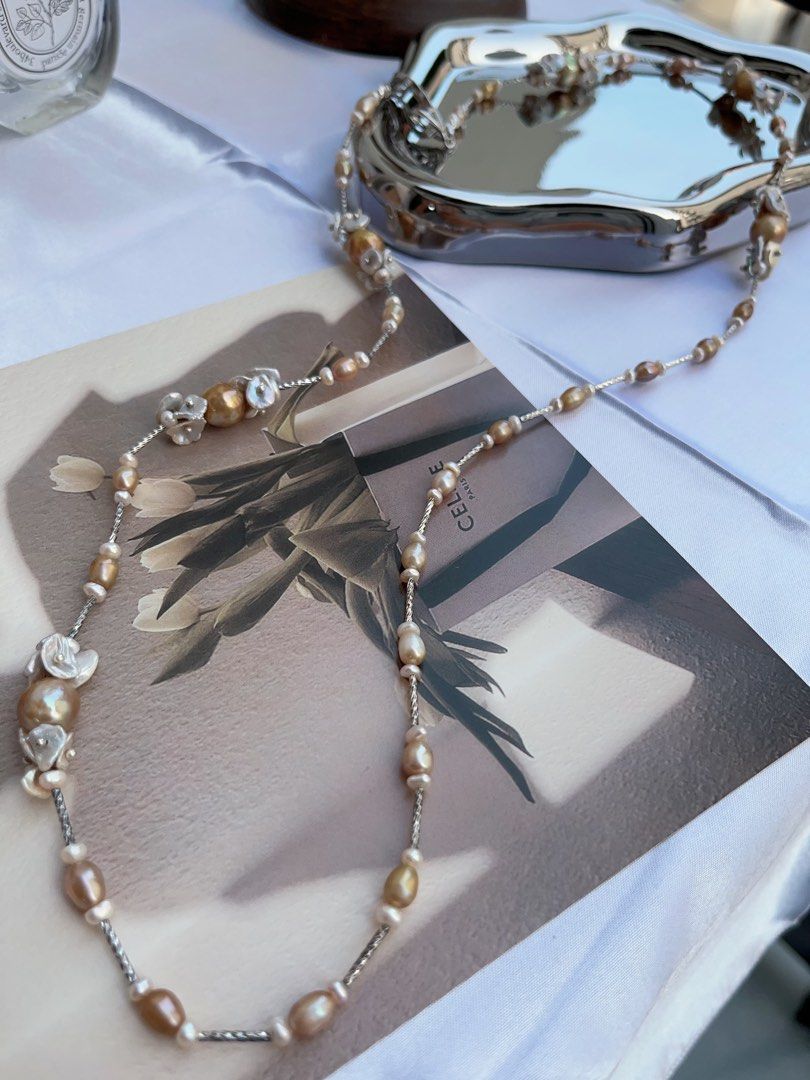 #PN886 [Floral Series] Freshwater Pearl Necklace | 74cm Long Sweater Necklace | Golden-green Baroque | Lustrous | Petals| Detachable Floral Pendant | Different Way of Wearing | Timeless Elegance in Every Pearl| Anniversary Gift 🎁