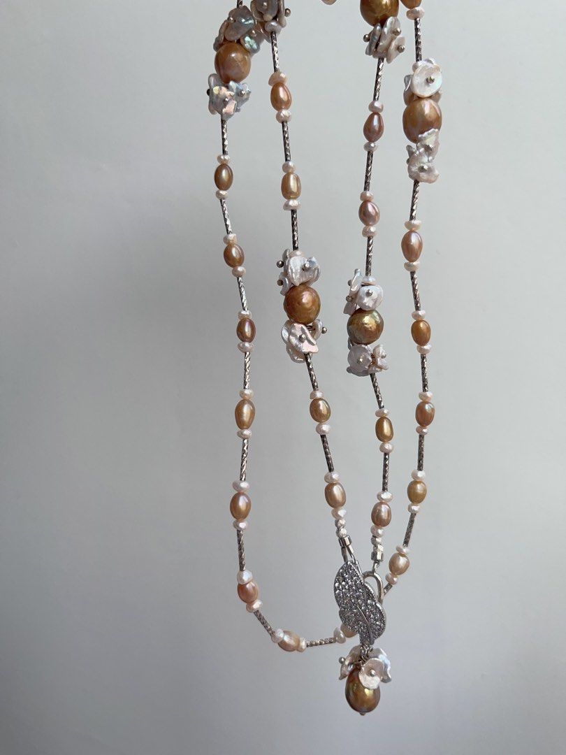 #PN886 [Floral Series] Freshwater Pearl Necklace | 74cm Long Sweater Necklace | Golden-green Baroque | Lustrous | Petals| Detachable Floral Pendant | Different Way of Wearing | Timeless Elegance in Every Pearl| Anniversary Gift 🎁