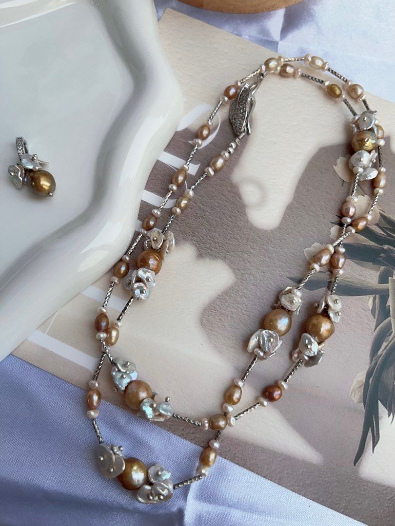 #PN886 [Floral Series] Freshwater Pearl Necklace | 74cm Long Sweater Necklace | Golden-green Baroque | Lustrous | Petals| Detachable Floral Pendant | Different Way of Wearing | Timeless Elegance in Every Pearl| Anniversary Gift 🎁