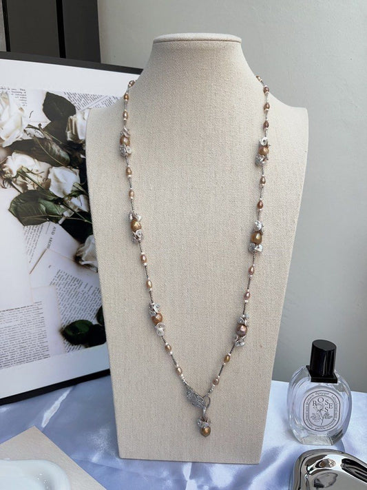 #PN886 [Floral Series] Freshwater Pearl Necklace | 74cm Long Sweater Necklace | Golden-green Baroque | Lustrous | Petals| Detachable Floral Pendant | Different Way of Wearing | Timeless Elegance in Every Pearl| Anniversary Gift 🎁