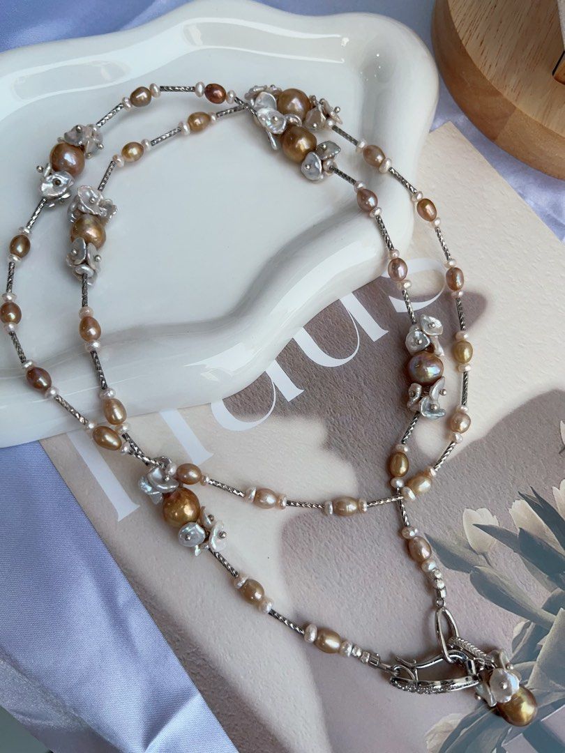 #PN886 [Floral Series] Freshwater Pearl Necklace | 74cm Long Sweater Necklace | Golden-green Baroque | Lustrous | Petals| Detachable Floral Pendant | Different Way of Wearing | Timeless Elegance in Every Pearl| Anniversary Gift 🎁