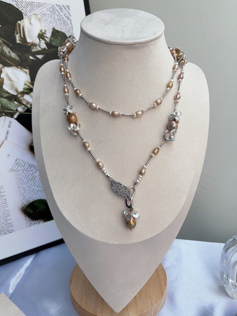 #PN886 [Floral Series] Freshwater Pearl Necklace | 74cm Long Sweater Necklace | Golden-green Baroque | Lustrous | Petals| Detachable Floral Pendant | Different Way of Wearing | Timeless Elegance in Every Pearl| Anniversary Gift 🎁