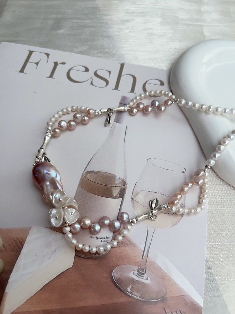 #PN890 [Floral Series] Freshwater Pearl Necklace | Baby Pearl Lace| Purple Fishtail Baroque| Lustrous| Dangling Dainty Charms| Dress to Entertain Yourself | Gift 🎁 Choice