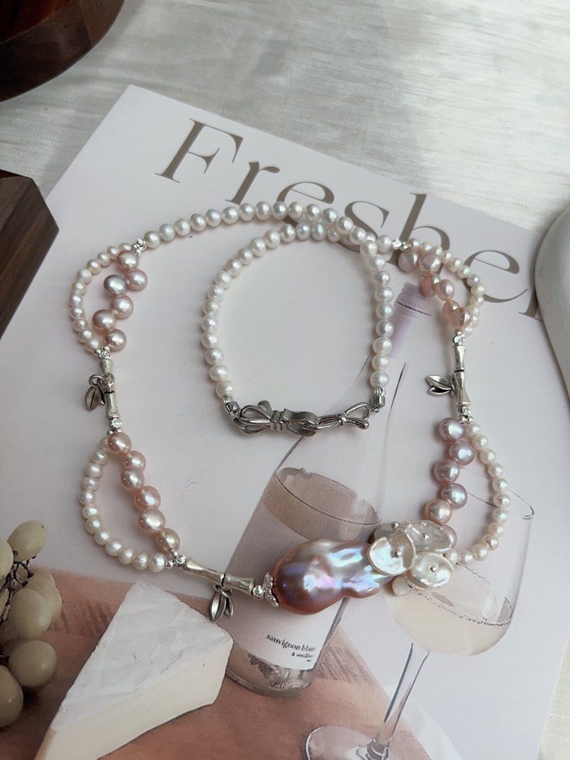 #PN890 [Floral Series] Freshwater Pearl Necklace | Baby Pearl Lace| Purple Fishtail Baroque| Lustrous| Dangling Dainty Charms| Dress to Entertain Yourself | Gift 🎁 Choice