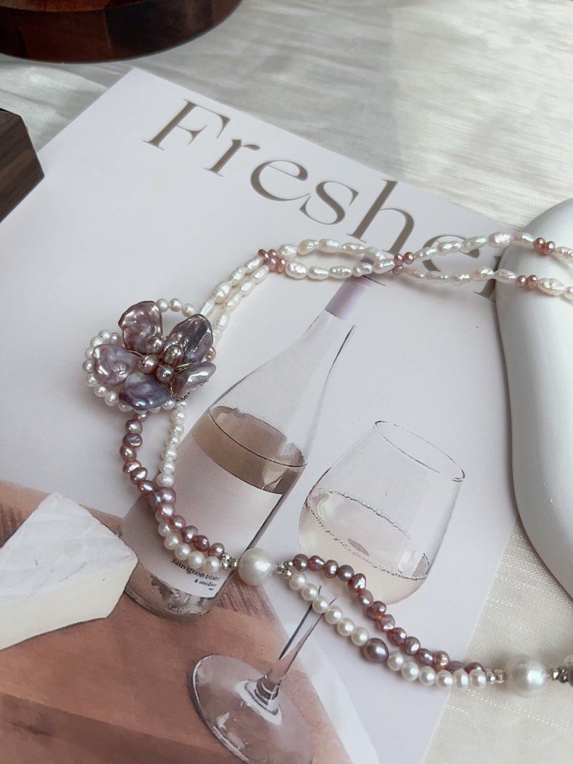 #PN895 Freshwater Pearl Necklace | Double Layers | Dark Purple Flower| Asymmetrical Design| Unconventional Beauty | Unique and Genuine