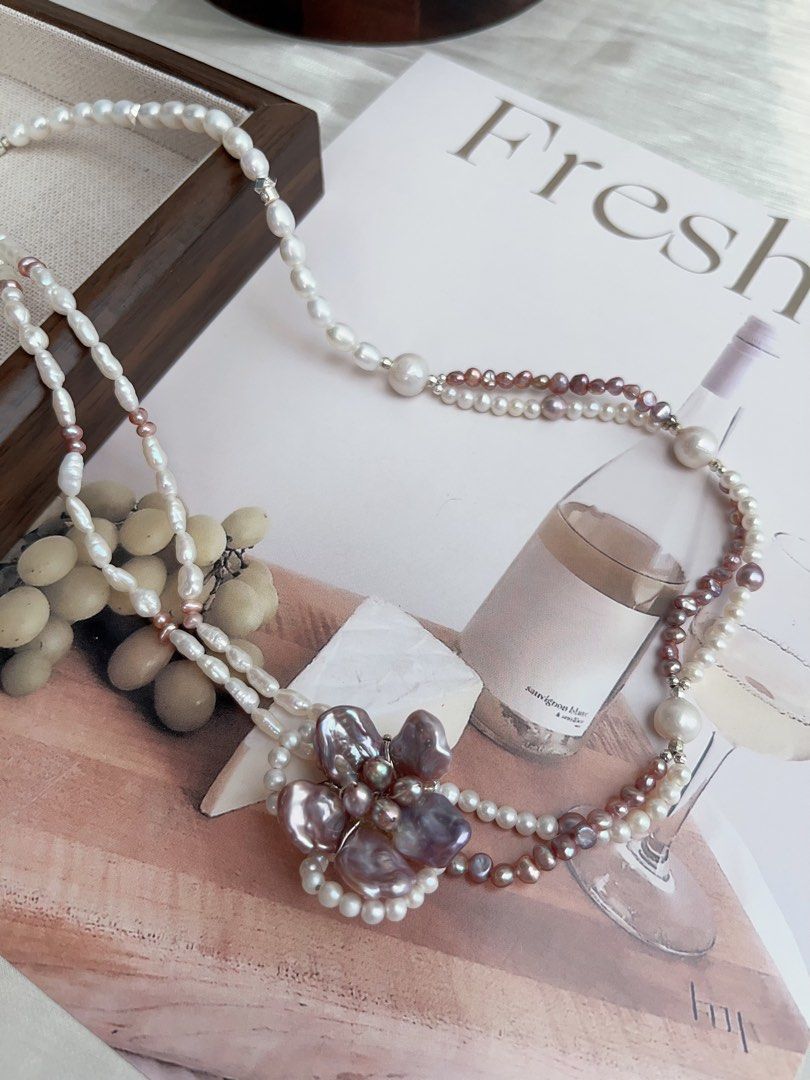 #PN895 Freshwater Pearl Necklace | Double Layers | Dark Purple Flower| Asymmetrical Design| Unconventional Beauty | Unique and Genuine