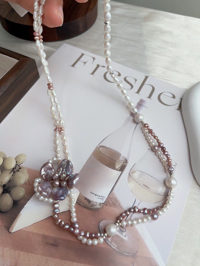 #PN895 Freshwater Pearl Necklace | Double Layers | Dark Purple Flower| Asymmetrical Design| Unconventional Beauty | Unique and Genuine