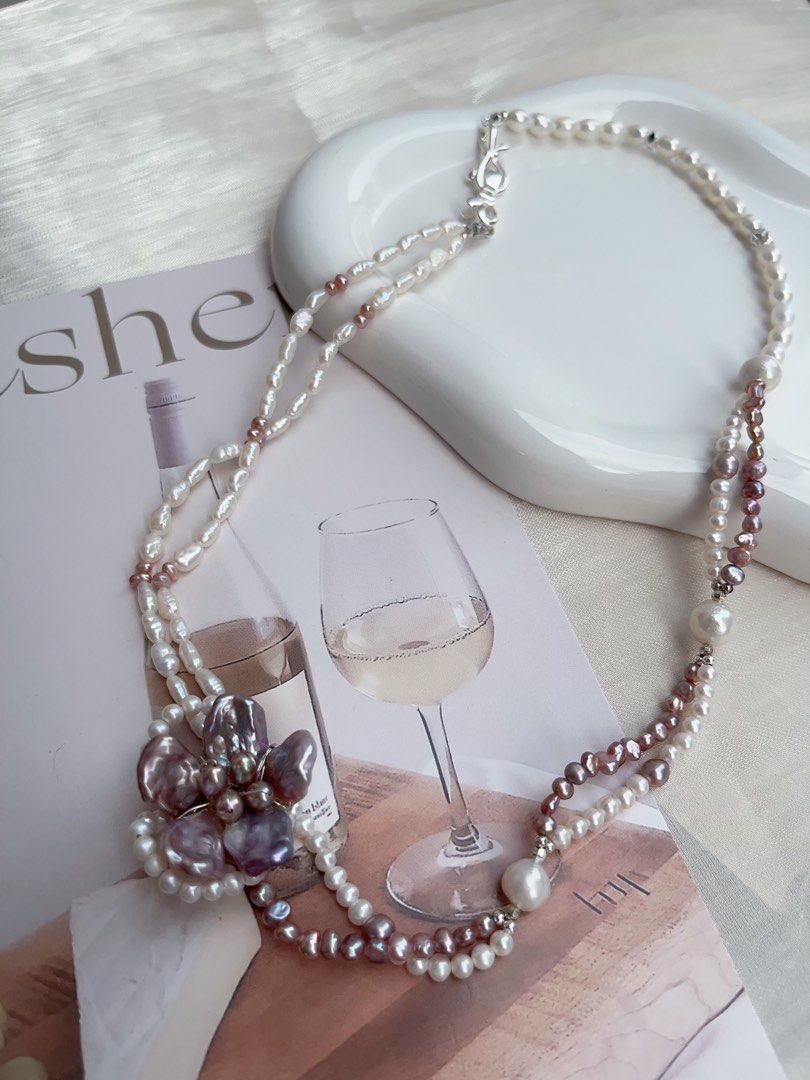 #PN895 Freshwater Pearl Necklace | Double Layers | Dark Purple Flower| Asymmetrical Design| Unconventional Beauty | Unique and Genuine