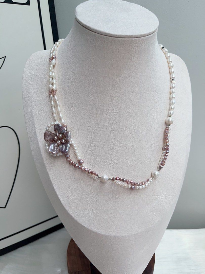 #PN895 Freshwater Pearl Necklace | Double Layers | Dark Purple Flower| Asymmetrical Design| Unconventional Beauty | Unique and Genuine