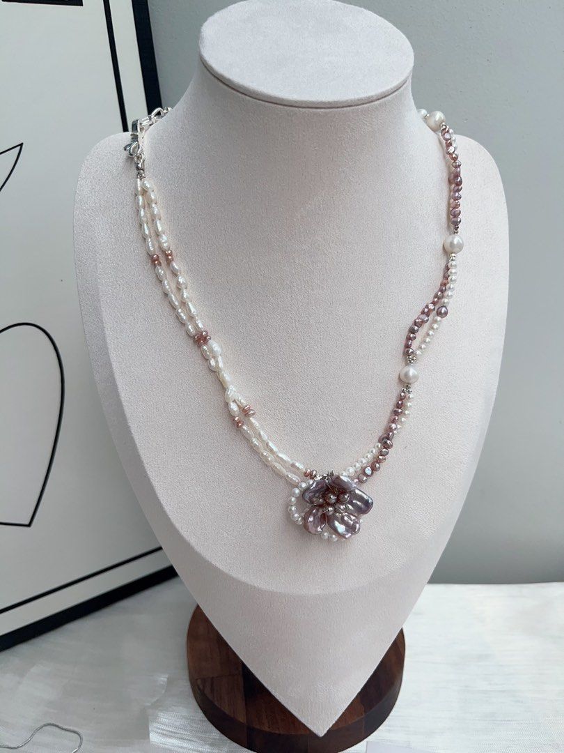 #PN895 Freshwater Pearl Necklace | Double Layers | Dark Purple Flower| Asymmetrical Design| Unconventional Beauty | Unique and Genuine