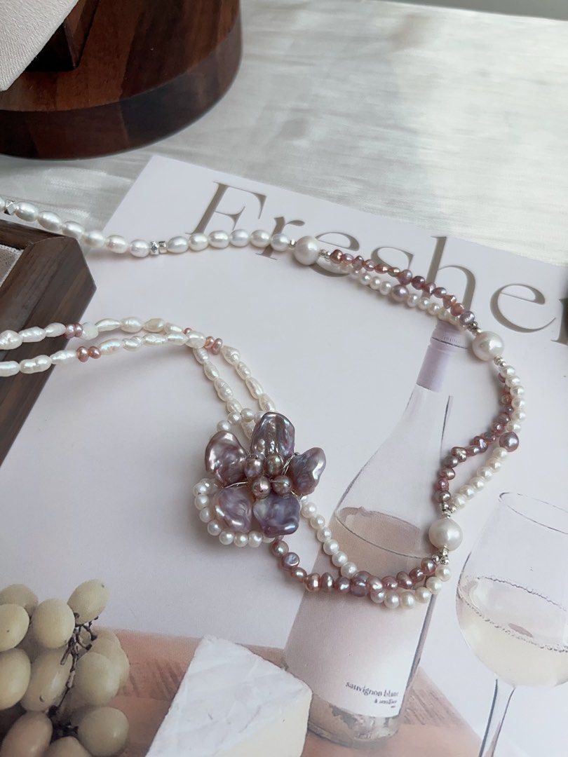 #PN895 Freshwater Pearl Necklace | Double Layers | Dark Purple Flower| Asymmetrical Design| Unconventional Beauty | Unique and Genuine
