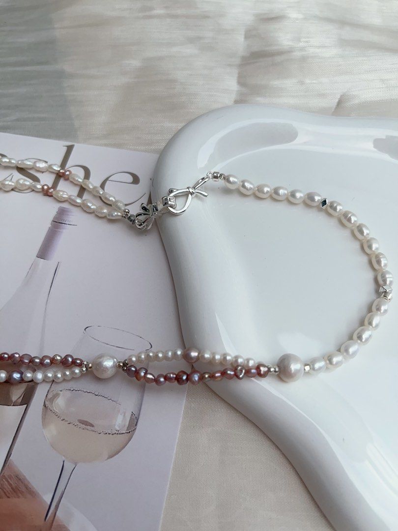 #PN895 Freshwater Pearl Necklace | Double Layers | Dark Purple Flower| Asymmetrical Design| Unconventional Beauty | Unique and Genuine