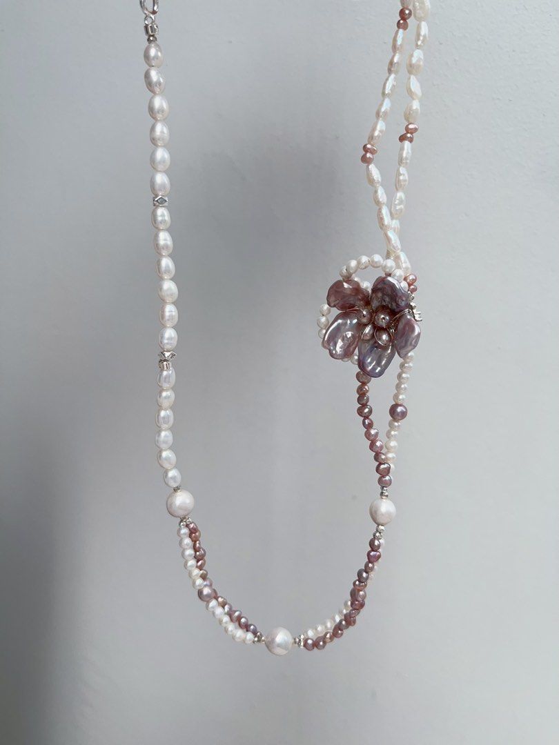 #PN895 Freshwater Pearl Necklace | Double Layers | Dark Purple Flower| Asymmetrical Design| Unconventional Beauty | Unique and Genuine