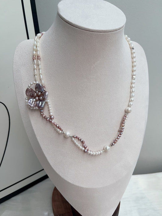 #PN895 Freshwater Pearl Necklace | Double Layers | Dark Purple Flower| Asymmetrical Design| Unconventional Beauty | Unique and Genuine