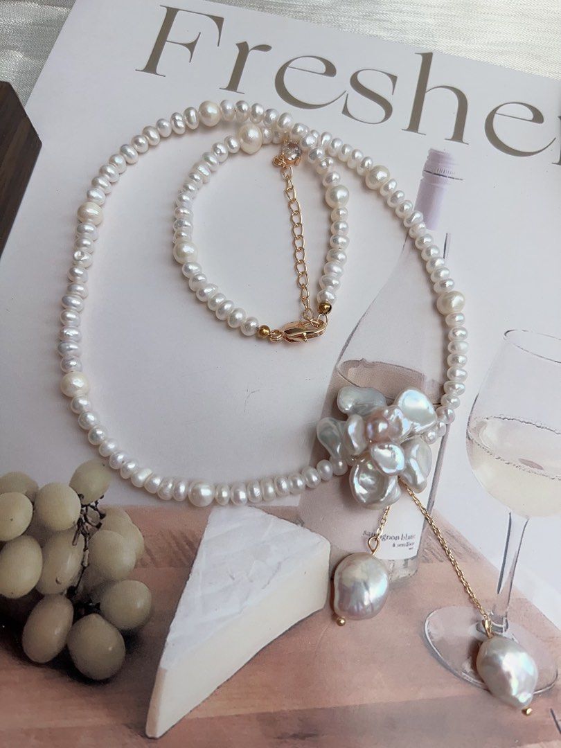 #PN901 Freshwater Pearl Necklace | Solver-blue Petal Flower| Lustrous | Dangling Baroque Petals| Wearing Flower 🌺 | Perfect for Wedding, Birthday Gift 🎁