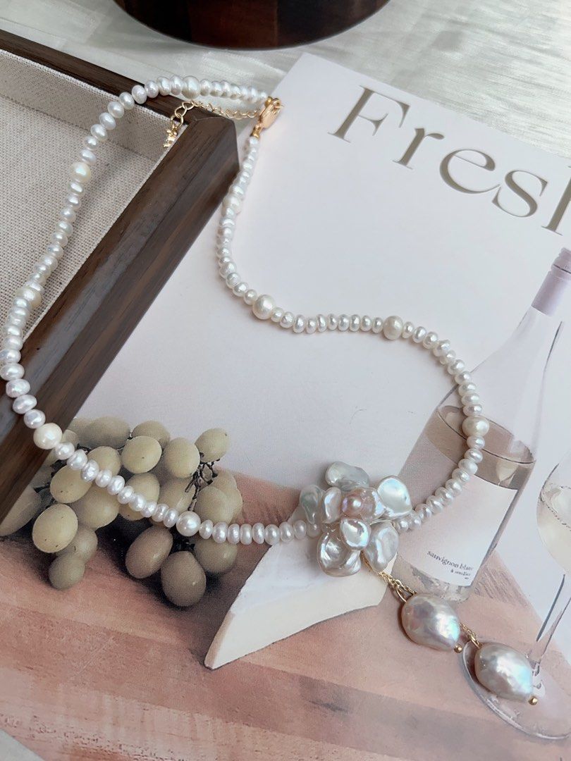 #PN901 Freshwater Pearl Necklace | Solver-blue Petal Flower| Lustrous | Dangling Baroque Petals| Wearing Flower 🌺 | Perfect for Wedding, Birthday Gift 🎁