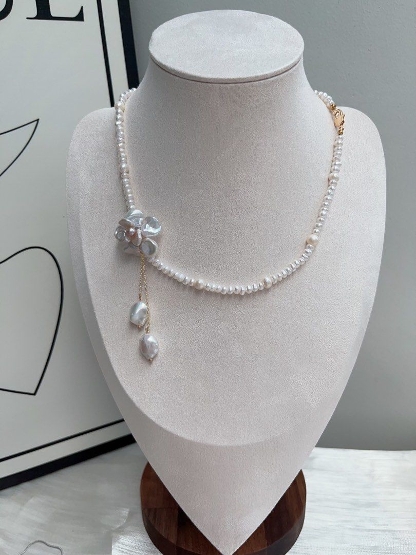 #PN901 Freshwater Pearl Necklace | Solver-blue Petal Flower| Lustrous | Dangling Baroque Petals| Wearing Flower 🌺 | Perfect for Wedding, Birthday Gift 🎁