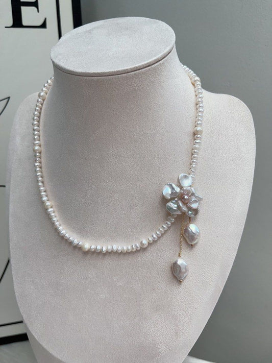 #PN901 Freshwater Pearl Necklace | Solver-blue Petal Flower| Lustrous | Dangling Baroque Petals| Wearing Flower 🌺 | Perfect for Wedding, Birthday Gift 🎁