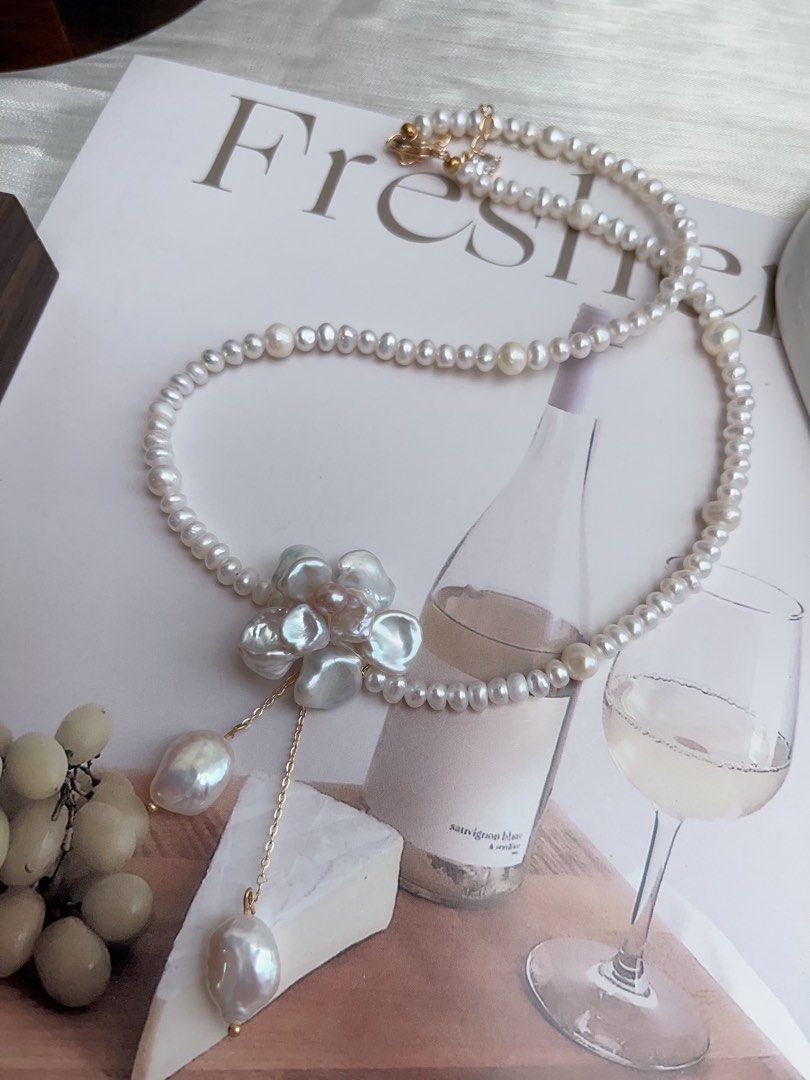 #PN901 Freshwater Pearl Necklace | Solver-blue Petal Flower| Lustrous | Dangling Baroque Petals| Wearing Flower 🌺 | Perfect for Wedding, Birthday Gift 🎁
