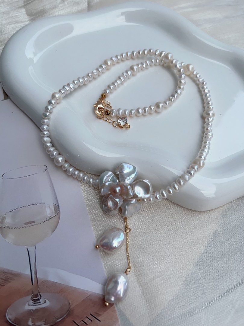 #PN901 Freshwater Pearl Necklace | Solver-blue Petal Flower| Lustrous | Dangling Baroque Petals| Wearing Flower 🌺 | Perfect for Wedding, Birthday Gift 🎁