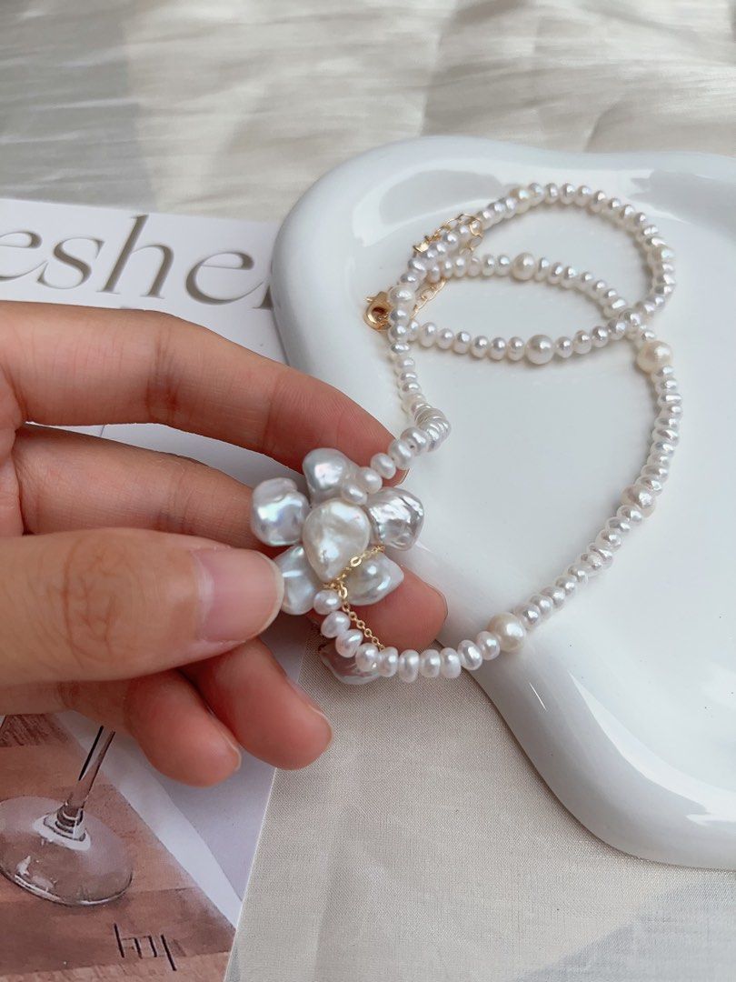 #PN901 Freshwater Pearl Necklace | Solver-blue Petal Flower| Lustrous | Dangling Baroque Petals| Wearing Flower 🌺 | Perfect for Wedding, Birthday Gift 🎁