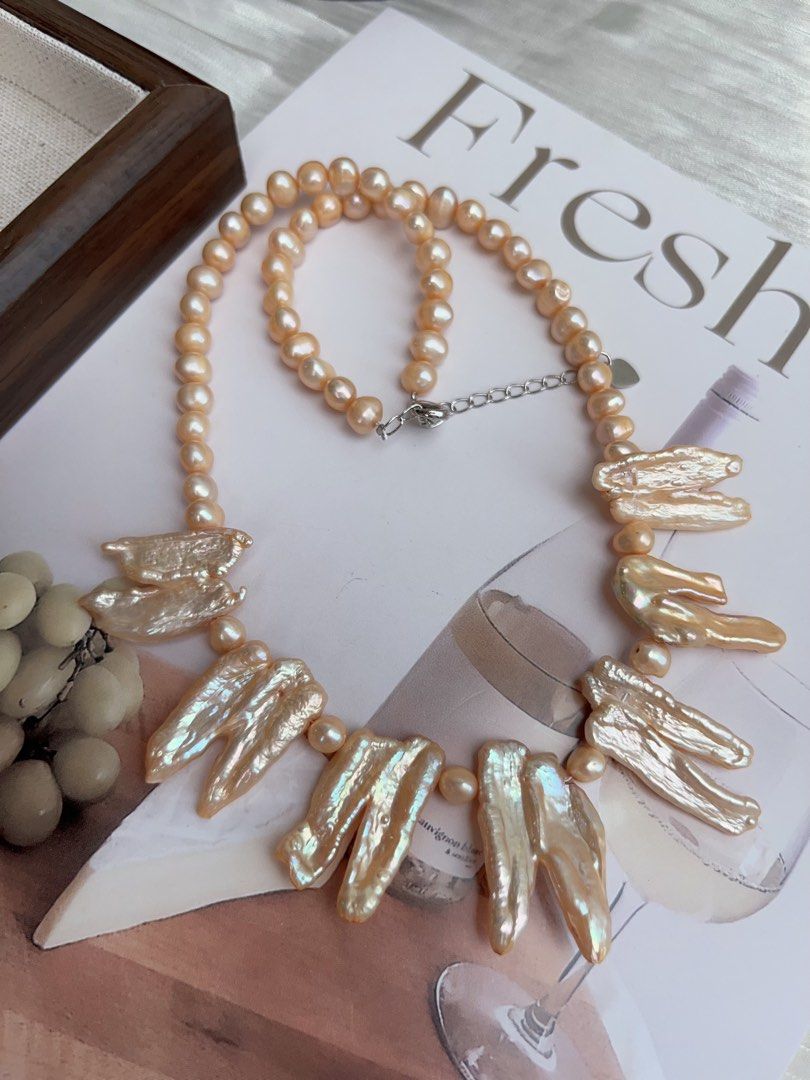#PN902 Freshwater Pearl Necklace | Deep Champagne Orange 🍊 Colour Lustrous Lute Shape Baroque | Flower Design| 10*25mm Big Lute| Natural Flaws| Energy Station