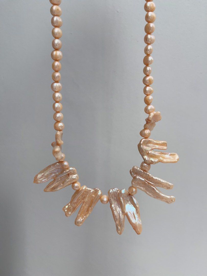 #PN902 Freshwater Pearl Necklace | Deep Champagne Orange 🍊 Colour Lustrous Lute Shape Baroque | Flower Design| 10*25mm Big Lute| Natural Flaws| Energy Station