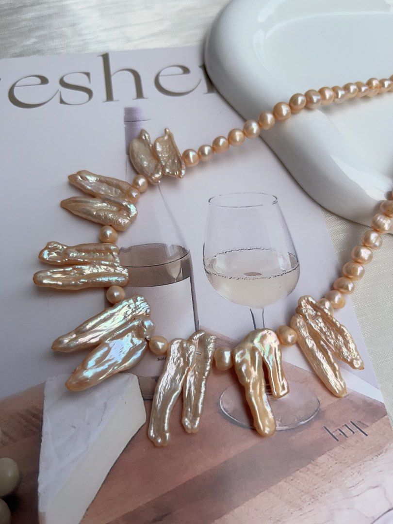 #PN902 Freshwater Pearl Necklace | Deep Champagne Orange 🍊 Colour Lustrous Lute Shape Baroque | Flower Design| 10*25mm Big Lute| Natural Flaws| Energy Station