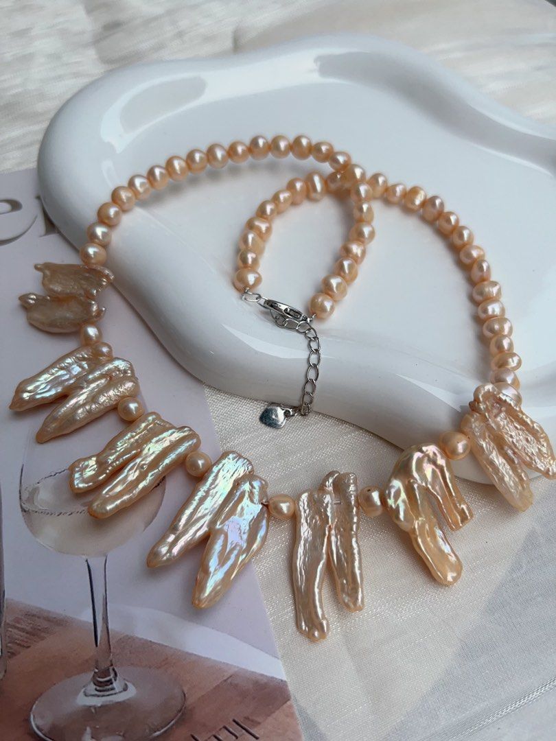 #PN902 Freshwater Pearl Necklace | Deep Champagne Orange 🍊 Colour Lustrous Lute Shape Baroque | Flower Design| 10*25mm Big Lute| Natural Flaws| Energy Station