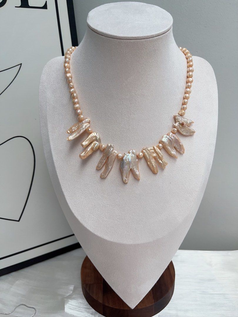 #PN902 Freshwater Pearl Necklace | Deep Champagne Orange 🍊 Colour Lustrous Lute Shape Baroque | Flower Design| 10*25mm Big Lute| Natural Flaws| Energy Station