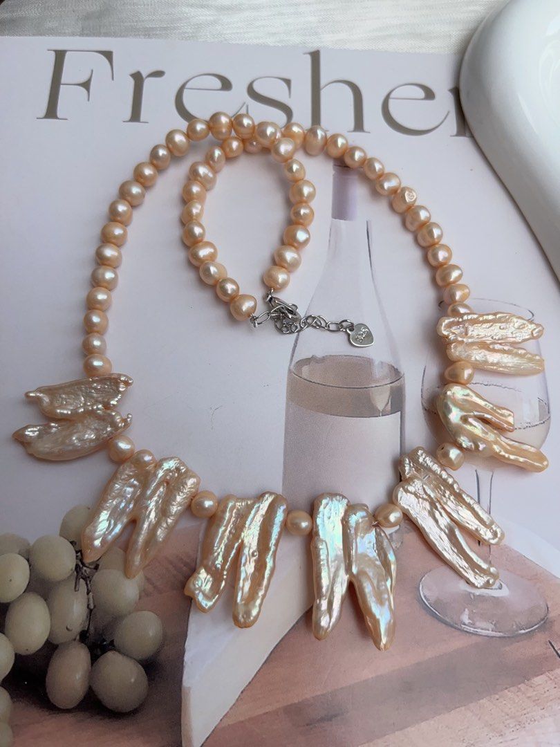#PN902 Freshwater Pearl Necklace | Deep Champagne Orange 🍊 Colour Lustrous Lute Shape Baroque | Flower Design| 10*25mm Big Lute| Natural Flaws| Energy Station