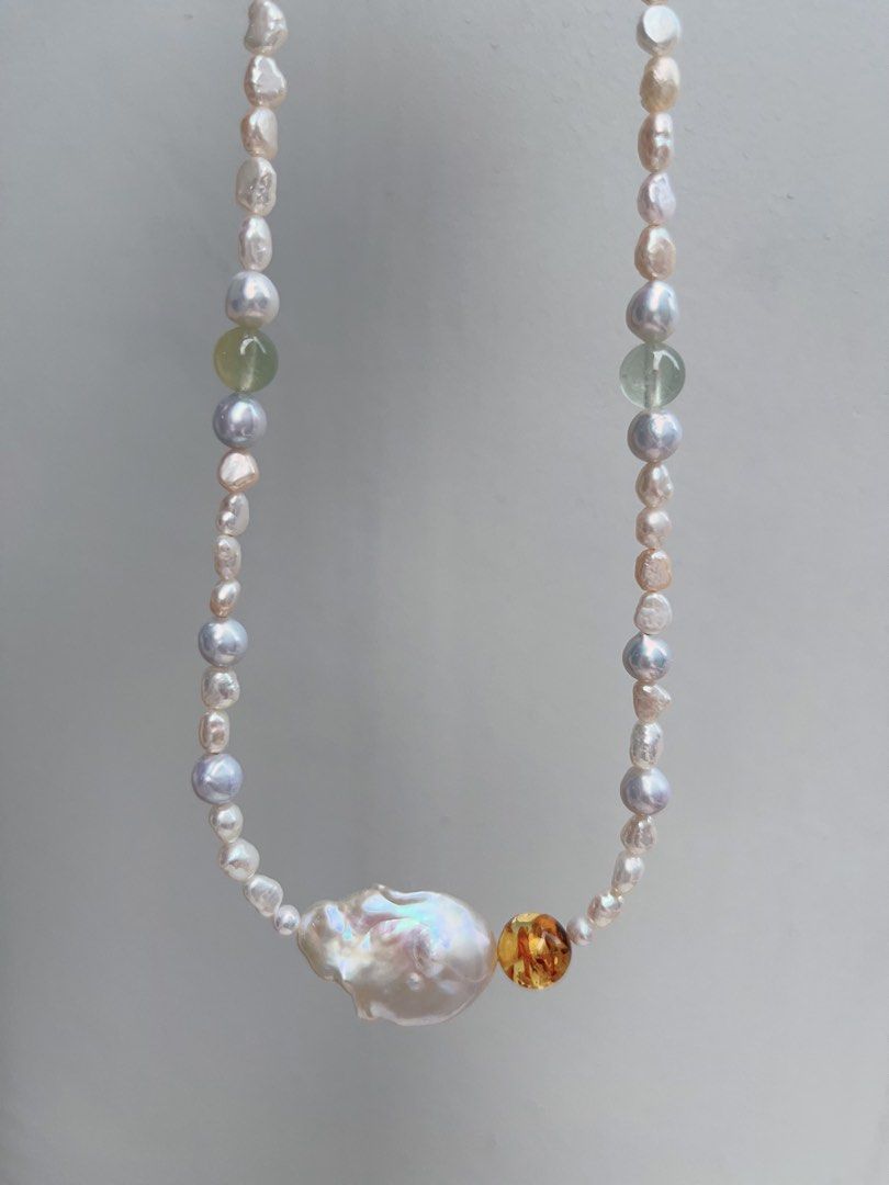 #PN903 Freshwater Pearl Necklace | Irregular Keshi Pearl | Lustrous Baroque | Fishtail Baroque | Amber| Not Over-exaggerated