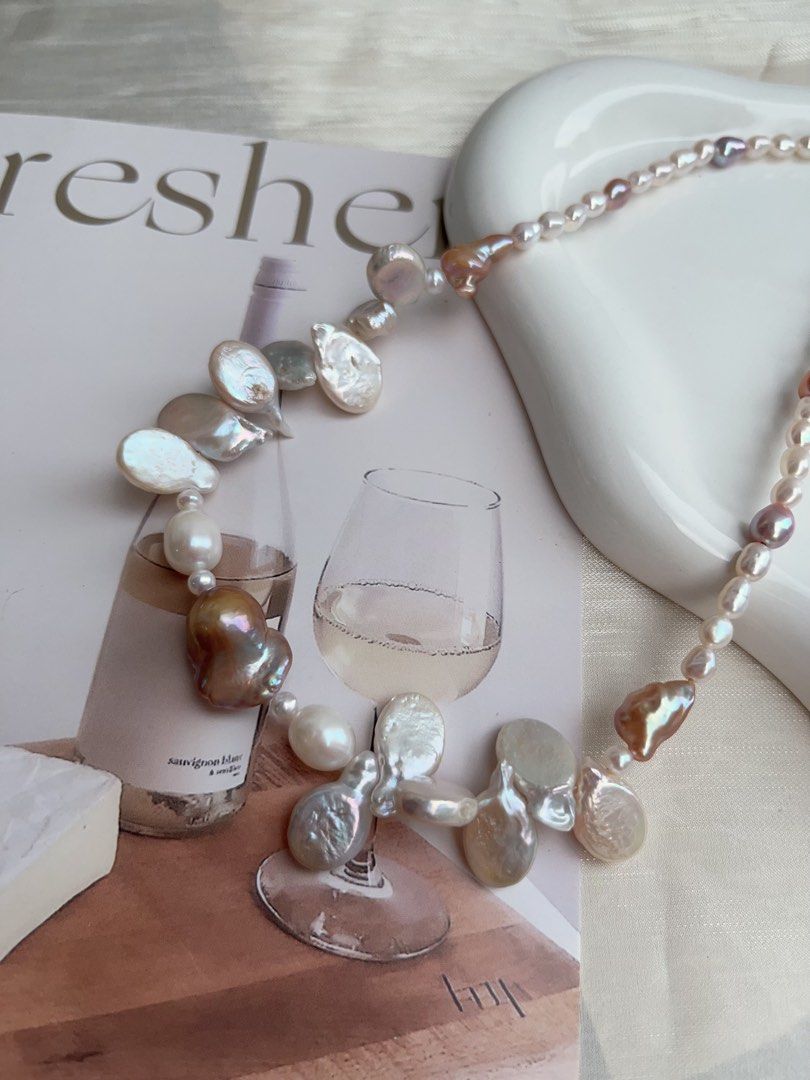 #PN904 Freshwater Pearl Necklace | Lustrous Rice Pearl | Leaf 🍃 Pearl| Copper Golden Baroque | 3-dimensional Effect | Vintage Jewelry