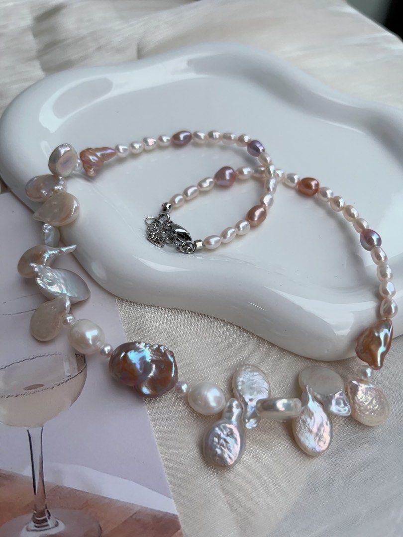 #PN904 Freshwater Pearl Necklace | Lustrous Rice Pearl | Leaf 🍃 Pearl| Copper Golden Baroque | 3-dimensional Effect | Vintage Jewelry