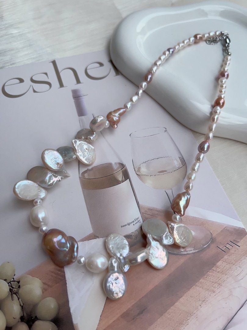 #PN904 Freshwater Pearl Necklace | Lustrous Rice Pearl | Leaf 🍃 Pearl| Copper Golden Baroque | 3-dimensional Effect | Vintage Jewelry