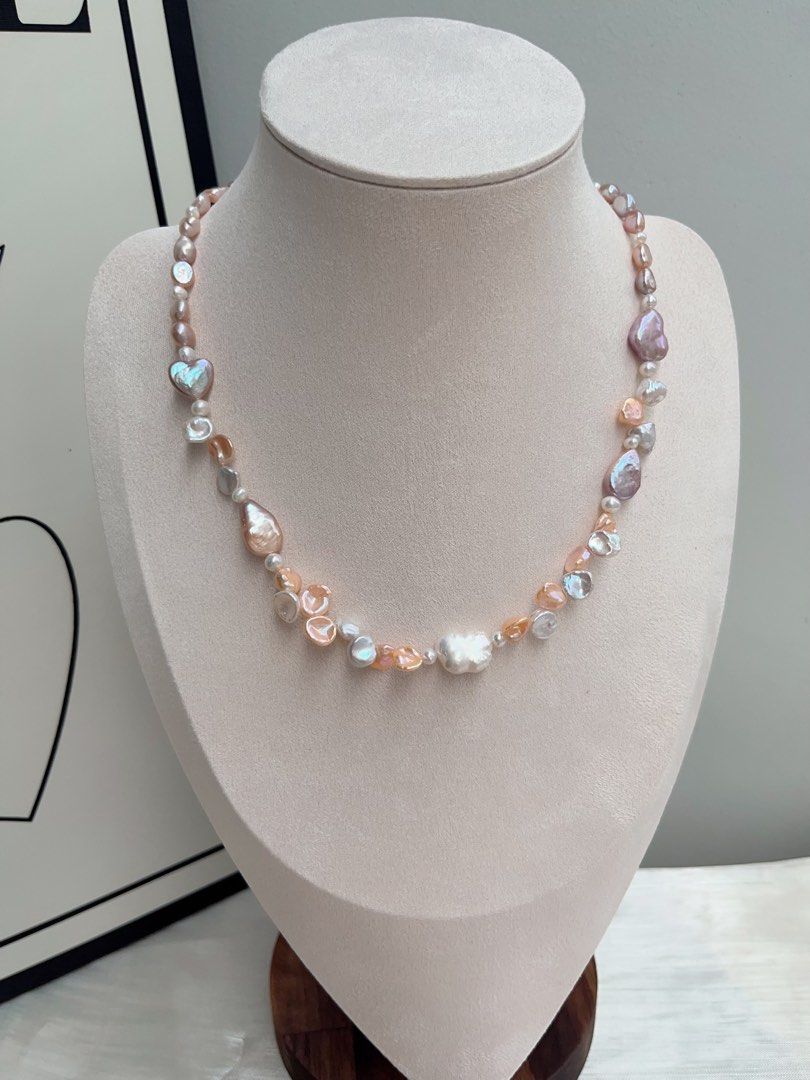 #PN906 Freshwater Pearl Necklace | Excellent Lustre Baroque | Purple & Champagne | Purple Heart 💜 | Golden Water-drop | Lustrous Petals| Ribbon 🎀 Baroque | Dainty Elegance | Gift 🎁 Choice