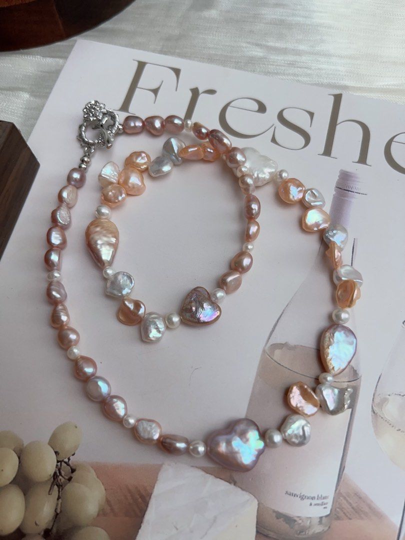 #PN906 Freshwater Pearl Necklace | Excellent Lustre Baroque | Purple & Champagne | Purple Heart 💜 | Golden Water-drop | Lustrous Petals| Ribbon 🎀 Baroque | Dainty Elegance | Gift 🎁 Choice