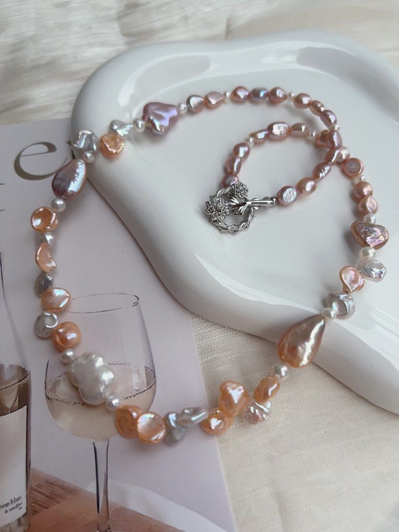#PN906 Freshwater Pearl Necklace | Excellent Lustre Baroque | Purple & Champagne | Purple Heart 💜 | Golden Water-drop | Lustrous Petals| Ribbon 🎀 Baroque | Dainty Elegance | Gift 🎁 Choice