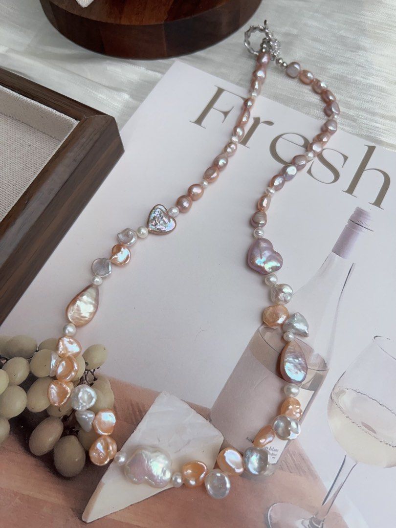 #PN906 Freshwater Pearl Necklace | Excellent Lustre Baroque | Purple & Champagne | Purple Heart 💜 | Golden Water-drop | Lustrous Petals| Ribbon 🎀 Baroque | Dainty Elegance | Gift 🎁 Choice