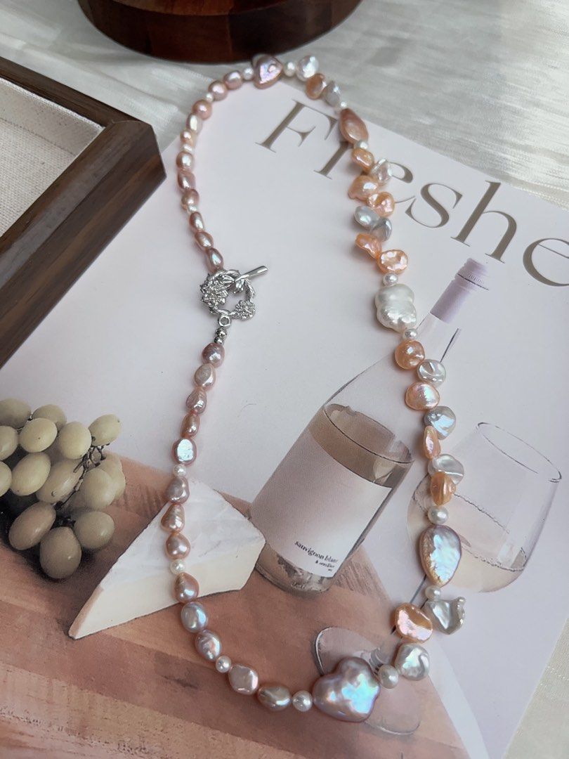 #PN906 Freshwater Pearl Necklace | Excellent Lustre Baroque | Purple & Champagne | Purple Heart 💜 | Golden Water-drop | Lustrous Petals| Ribbon 🎀 Baroque | Dainty Elegance | Gift 🎁 Choice